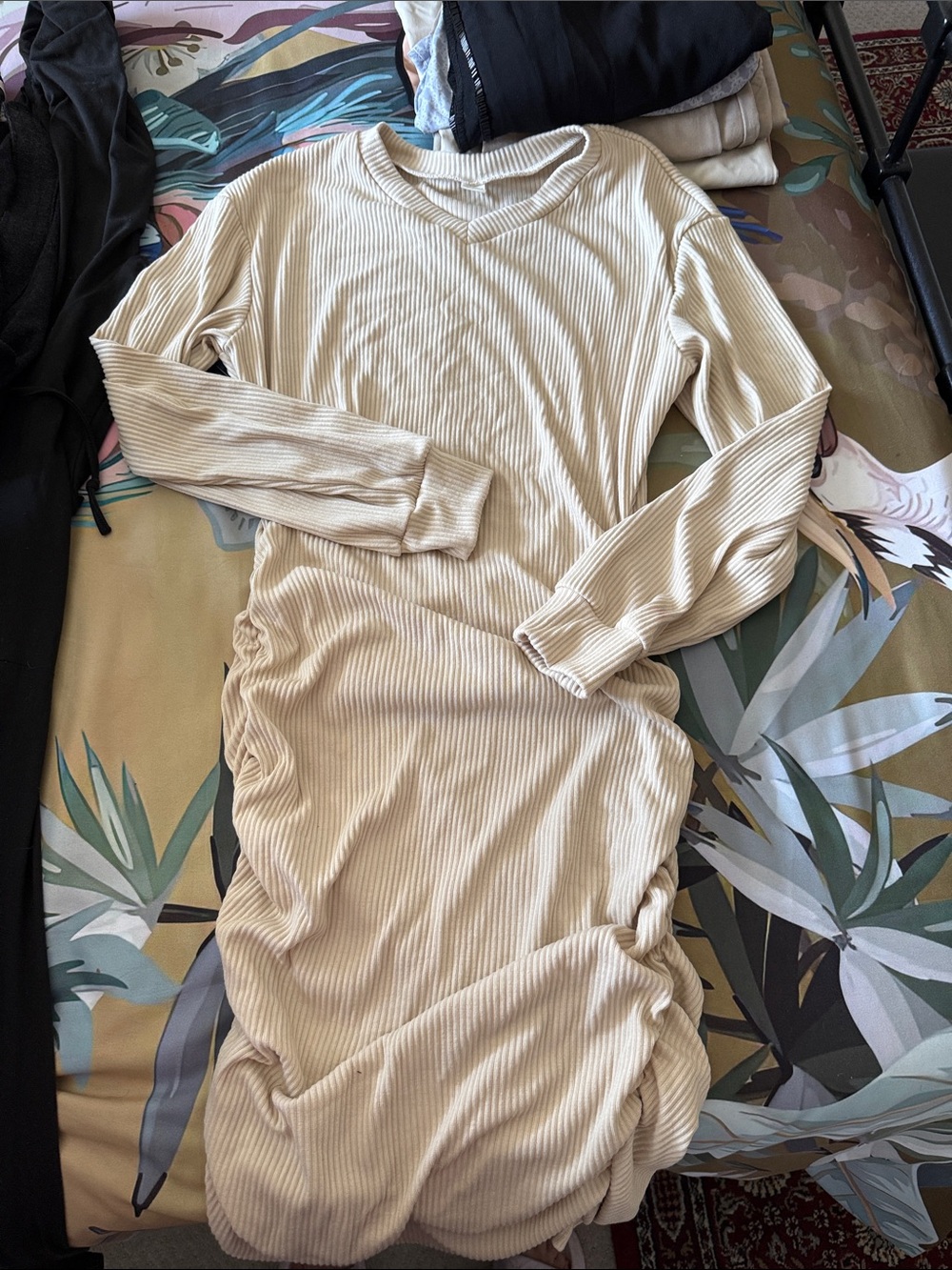 SHEIN Ribbed Long Sleeve Bodycon Dress - Cream